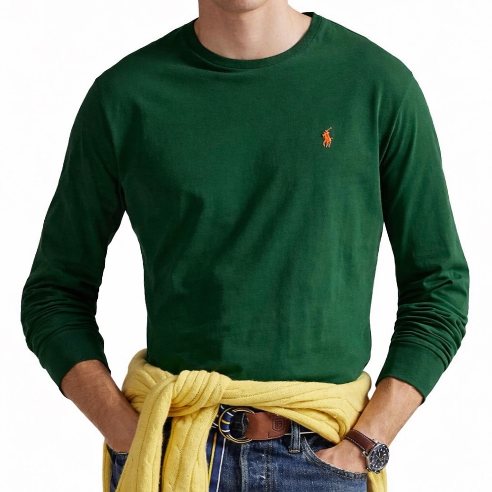 Polo Ralph Lauren Green classic Long Sleeve Tee 100% Cotton Orange Pony Logo SM